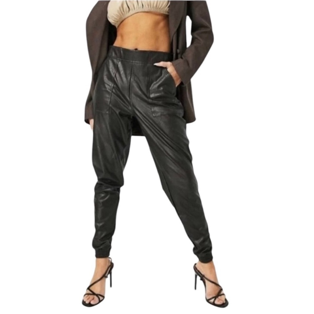 SPANX black faux leather high waist joggers with tummy control size Large